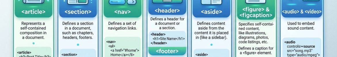 Diagramă cu noile elemente semantice HTML5: article, section, nav, header, footer, aside, figure, audio și video